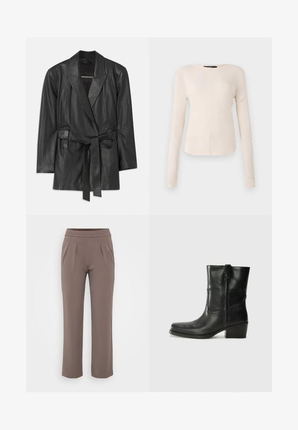 Fekete bőr blézer, kivágott gallérral, övvel a deréknál és testre szabott fazonnal. Simaság jellemzi, minimalista dizájnnal. Rétegezéshez ideális.; Hosszú ujjú, világos bézs blúz kerek nyakkivágással. Puha anyagból készült, középső varrással és enyhén ívelt szegéllyel rendelkezik. Nincs rajta látható fémrész.; Taupe színű, lazán szabott nadrág, gumis derékkal és elülső pliszírozással, sima anyagból készült.; Fekete bőr bokacsizma lekerekített orral, blokk sarkúval, oldalsó cipzárral és varrásos díszítéssel az elején. Simább textúra, klasszikus dizájn.