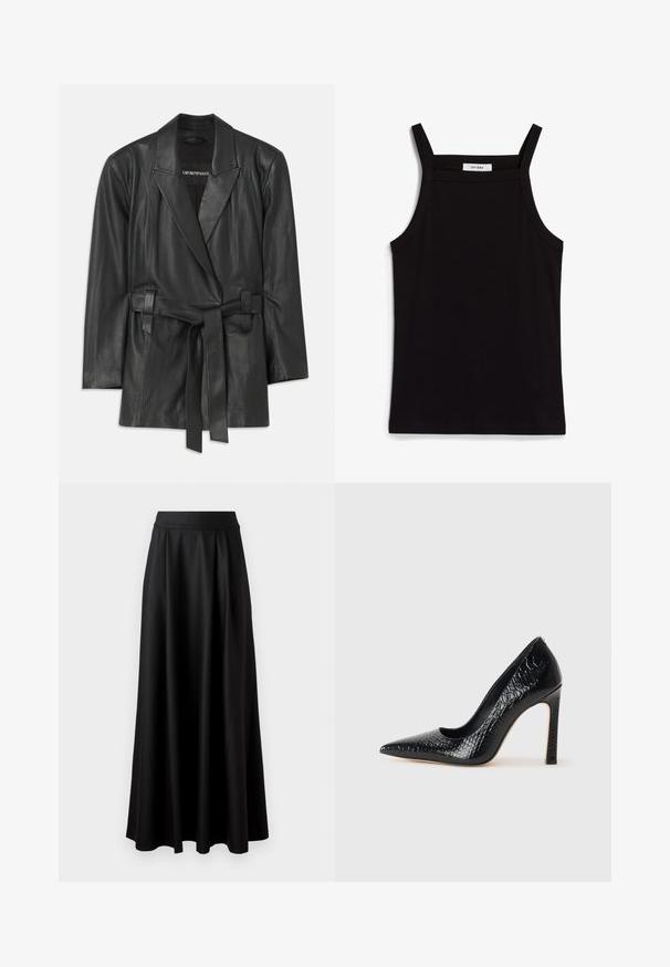 Must mustriga musta nahkjope, millel on narmastega krae, vööga talje ja kohandatud istuvus. Õrn tekstuur ja minimalistik disain. Sobib kihilise riietuse jaoks.; Must must vest, mille õhukeste spagettiratastega, ribakanga materjalist, sirge lõikega ja kaela piirkonnas sildi "IVY OAK".; Mustmust pikk, must seelik, millel on sile tekstuur, lai vöökoht ja volditud disain, ilma nähtavate mustrite või kaunistusteta.; Mustan teravaotsaga kõrge kontsaga king, millel on krokodillimustriga tekstuur, stiilne disain, kõrge stilettokonts ja sile must sisesisustus.