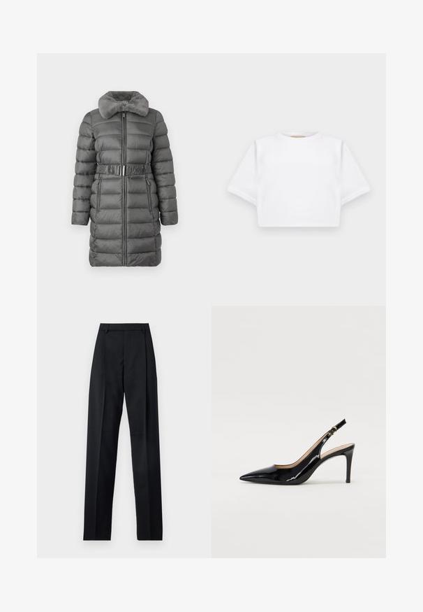 Gray puffer coat with a plush fur collar, zip front, and a belted waist. Features horizontal stitching and two side pockets.; Cropped white t-shirt made of soft fabric, featuring short sleeves, a round neckline, and ribbed hem details. Simple and unembellished design.; Black trousers made from smooth fabric featuring a high waist, wide legs, front pleats, and classic belt loops. No side pockets visible.; Black patent leather slingback pump with pointed toe, slim heel, and a subtle cutout design. Features a gold buckle on the strap.