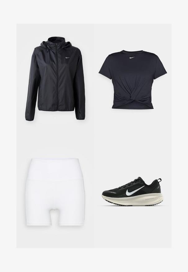 Nike musta kevyt takki hupparilla. Valmistettu sileästä kankaasta, jossa on edessä vetoketju ja pieni logo vasemmassa rinnassa.; Musta urheilu T-paita, joka on valmistettu sileästä kankaasta, jossa on solmittu etuosa ja pieni valkoinen Nike-logo rinnassa.; Valkoiset korkeavyötäröiset shortsit, jotka on valmistettu joustavasta kankaasta. Ominaisuuksiin kuuluu sileä pinta ja tiukka muotoilu, ilman lisäkuvioita tai varusteita.; Mustat Nike-juoksukengät, joissa on hengittävä verkko-osa, valkoinen swoosh-logo, teksturoitu yksityiskohtaus ja kermaisen värinen ZoomX-välipohja.