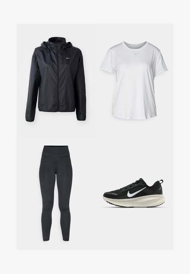 Nike black lightweight jacket with a hood. Made of smooth fabric, featuring a front zipper and a small logo on the left chest.; White short-sleeve T-shirt made of smooth fabric, featuring a round neckline and a small grey Nike logo on the chest.; High-waisted black leggings made of stretchy material, featuring a smooth texture and close-fitting design, with minimal stitching details.; Black Nike running shoe with breathable mesh upper, white swoosh logo, textured detailing, and a cream-colored ZoomX midsole.