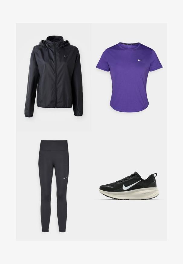 Veste légère noire Nike avec capuche. Fabriquée en tissu lisse, dotée d'une fermeture éclair sur le devant et d'un petit logo sur la poitrine gauche.; T-shirt de sport violet en tissu évacuant l'humidité, avec des manches courtes et un col rond. Petit logo blanc sur la poitrine.; Leggings noirs en tissu extensible, dotés d'une taille haute et d'un logo Nike blanc sur la cuisse gauche. Texture lisse, design ajusté.; Baskets de course noir Nike avec tige respirante en mesh, logo swoosh blanc, détails texturés et semelle intermédiaire ZoomX de couleur crème.