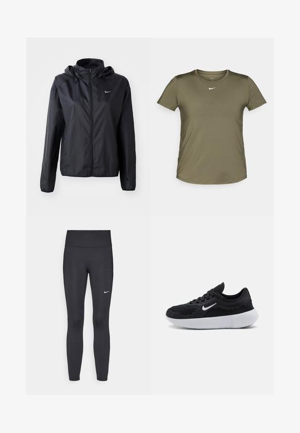 Veste légère noire Nike avec capuche. Fabriquée en tissu lisse, dotée d'une fermeture éclair sur le devant et d'un petit logo sur la poitrine gauche.; T-shirt Nike vert olive à manches courtes avec un col rond, fabriqué en tissu lisse, arborant un petit logo blanc sur la poitrine.; Leggings noirs en tissu extensible, dotés d'une taille haute et d'un logo Nike blanc sur la cuisse gauche. Texture lisse, design ajusté.; Chaussure de sport noire avec une tige en mesh, un design texturé, un bout rond, une semelle en caoutchouc blanche et un logo Nike sur le côté.
