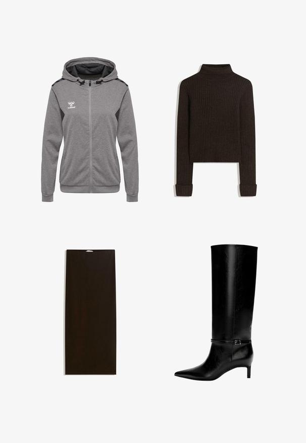 Grå zip-up hoodie med dragsko i huven, sidofickor och ribbade ärmslut. Har en logotyp på bröstet och strukturerad tyg.; Brun, ribbade turtlenecktröja med långa ärmar och uppvikta mudd; tillverkad av strukturerad tyg; kort längd.; Svart tygkjol med rak skärning, slät yta och dold midja, utan några ytterligare mönster eller hårdvarudetaljer.; Svart läder knähöga stövlar med spetsig tå och en liten klack. Har ett smalt band med en metallspänne runt vristen. Slät yta.