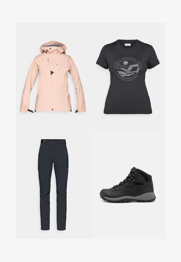 Vattentät jacka för kvinnor i ljus rosa. Har justerbar huva, frontdragkedja, svarta trekantiga detaljer och sidofickor. Slätt, lätt material.; Svart Columbia-t-shirt med vit cirkulär linjekonst av berg och flod samt texten "Columbia Sportswear Company Outside Since 1938."; Herrernas utomhusbyxor, mörkgrå, tillverkade av flexibelt material, med ett bälte, zip-fickor och förstärkt sömnad.; Svart vandringskänga med mellanhög design, som har en texturerad överdel, grå accenter och en slitstark gummisula med greppklackar.