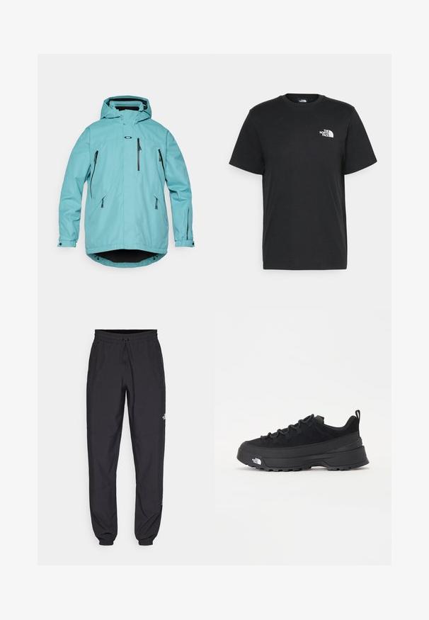 Svetlomodrá nepremokavá bunda s kapucňou, dlhými rukávmi, dvoma prednými vreckami na zips a čiernymi akcentmi na zipsoch a leme. Hladký povrch.; Čierne bavlnené tričko s krátkymi rukávmi, klasickým výstrihom a malým bielym logom na ľavej hrudi. Jednoduchý dizajn, hladká textúra a voľný strih.; Čierne športové nohavice vyrobené z ľahkej tkaniny, s elastickým pásom na šnurovanie, bočnými vreckami a zúženými manžetami na členkoch.; Čierne vonkajšie tenisky so zvrškom z semišu, štruktúrovanou gumovou podrážkou a pevným šnurovaním. Obsahujú vystužený opätok a logo značky na boku.
