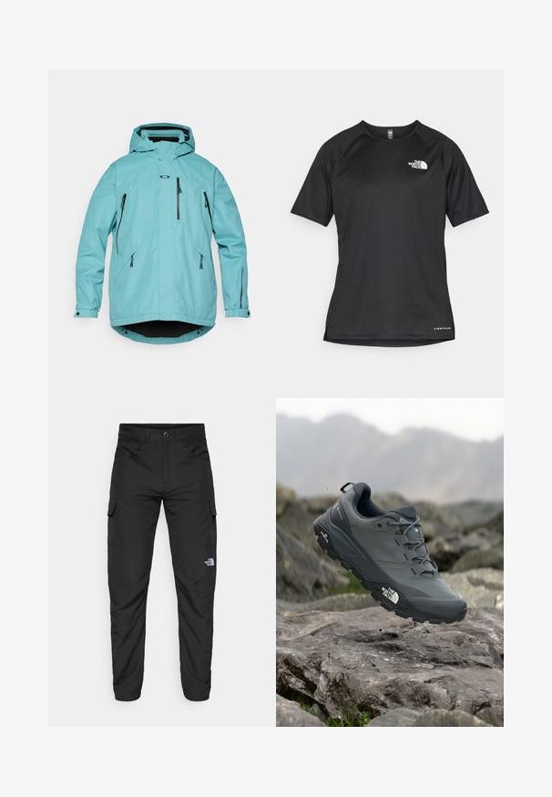 Casaco impermeável azul claro com capuz, mangas longas, dois bolsos frontais com fecho éclair e detalhes em preto nos fechos e na bainha. Textura suave.; Camisa atlética preta de manga curta com um tecido texturizado, apresentando um logotipo branco no peito esquerdo e uma bainha reta.; The North Face HORIZON PANT - Calças para exterior - black; Sapatilha de corrida em trilhos cinza com um cabedal texturizado, sola de borracha durável e ponteira reforçada. Apresenta atacadores e o logótipo da marca de lado.