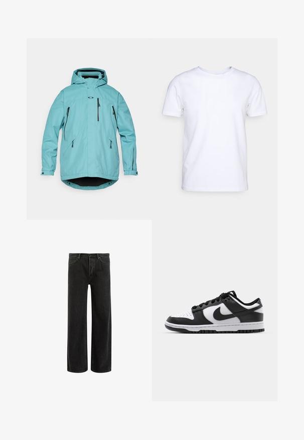 Svetlo modra nepremočljiva jakna s kapuco, dolgimi rokavi, dvema sprednjima žepe s zadrgo in črnimi detajli na zadrgah in robu. Gladka tekstura.; Bela majica s kratkimi rokavi iz bombaža z okroglim izrezom. Preprost dizajn brez vzorcev ali poudarkov. Gladka tekstura.; Črne široke kavbojke iz denima z visokim pasom, ki vključujejo klasičen pet-pocket dizajn in subtilno blodenje, kar daje teksturiran videz.; Črno-bele Nike Dunk teniske z usnjenim zgornjim delom, perforiranim prstom, črnimi vezalkami in črnim gumijastim podplatom s profilom.