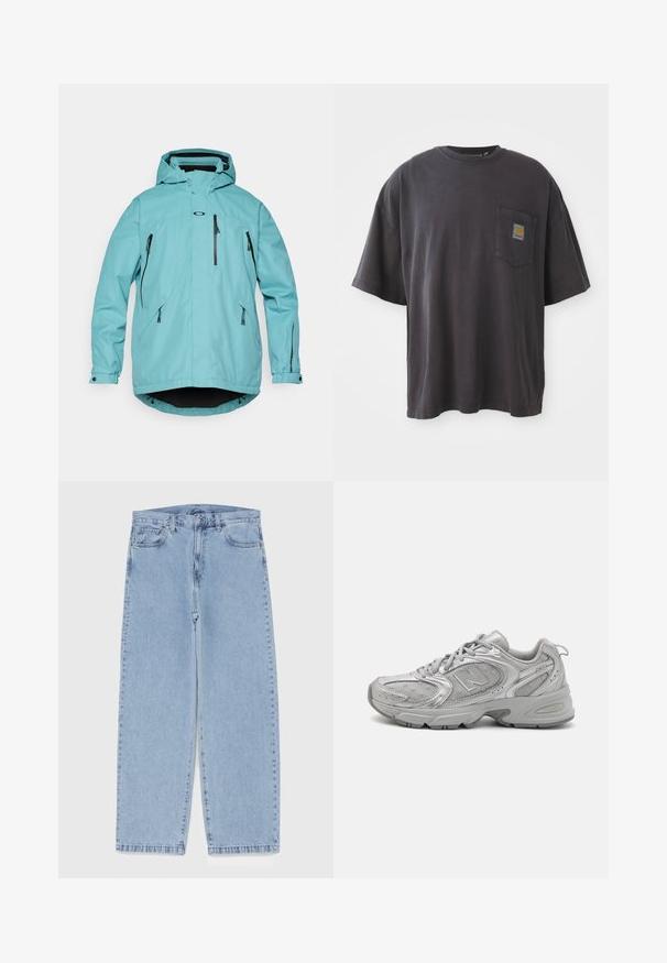 Helle blaue wasserdichte Jacke mit Kapuze, langen Ärmeln, zwei vorderen Reißverschluss-Taschen und schwarzen Akzenten an den Reißverschlüssen und dem Saum. Glatte Textur.; Schwarzes Baumwoll-T-Shirt mit kurzen Ärmeln, rundem Halsausschnitt und einer linken Brusttasche mit einem quadratischen Logo-Patch. Schlichtes und unauffälliges Design.; Hellblaue Jeans aus Denim mit geradem Bein, ausgestattet mit einer mittelhohen Taille, fünf Taschen sowie einem Knopf- und Reißverschluss.; Silberner Sportschuh mit schlankem Design, Mesh-Einsätzen, gepolstertem Schaft, strukturiertem Synthetik-Obermaterial und Gummisohle für Traktion.