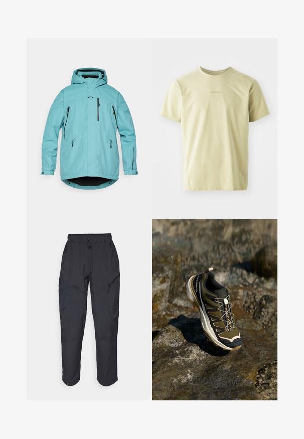 Light blue waterproof jacket with a hood, long sleeves, two front zip pockets, and black accents on zippers and hem. Smooth texture.; Salomon TRACKLINE TEE - Sports T-shirt - gray green; Black cargo pants made from a lightweight, water-resistant material; features elastic waistband, multiple zippered pockets, and tapered legs.; Hiking shoe in olive green and black with pink accents. Features a textured upper, flexible sole, reinforced toe cap, and colorful lacing system.