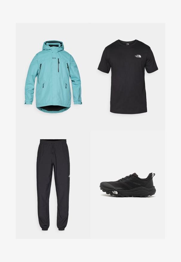 Jachetă impermeabilă de culoare albastru deschis, cu glugă, mâneci lungi, două buzunare frontale cu fermoar și accente negre la fermoare și la tiv. Textură netedă.; Tricou scurt din bumbac, de culoare neagră, cu guler rotund și un mic logo alb în partea de sus a pieptului stâng.; Pantaloni atletici negri, confecționați dintr-un material ușor, cu un tiv elastic la talie, buzunare laterale și tivuri ajustate la gleznă.; Pantofii de alergare pe teren accidentat, de culoare neagră, cu un superior texturat, talpă din cauciuc și vârf întărit. Prezintă un guler căptușit și o bandă de prindere pentru îmbrăcare ușoară.