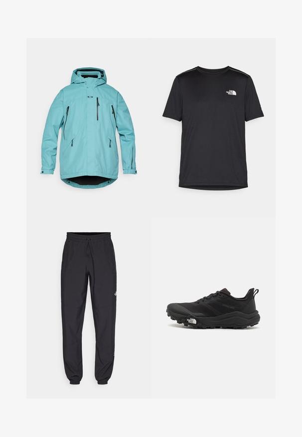 Heledsinine veekindel jakk kapuutsiga, pikad varrukad, kaks esiotsaga lukuga taskut ja mustad aktsendid lukkudel ning allääres. Sile tekstuur.; Must mustaöödiga must T-särk, mis on valmistatud kerge riidekanga. Esiküljel on vasakul rinnal väike valge logo ning õlgadel on peened aktsendid.; Mustavad sportlikud püksid, mis on valmistatud kergest kangast, joonlauaga taljest, küljetaskudega ja kitsenevate varrukatega pahkluude juures.; Must tume jooksujalats musta värvi, tekstuurse ülemise osaga, kummist tallaga ja tugevdatud varbaga. Omab pehmendusega krae ja tõmblinti mugavaks selga panemiseks.