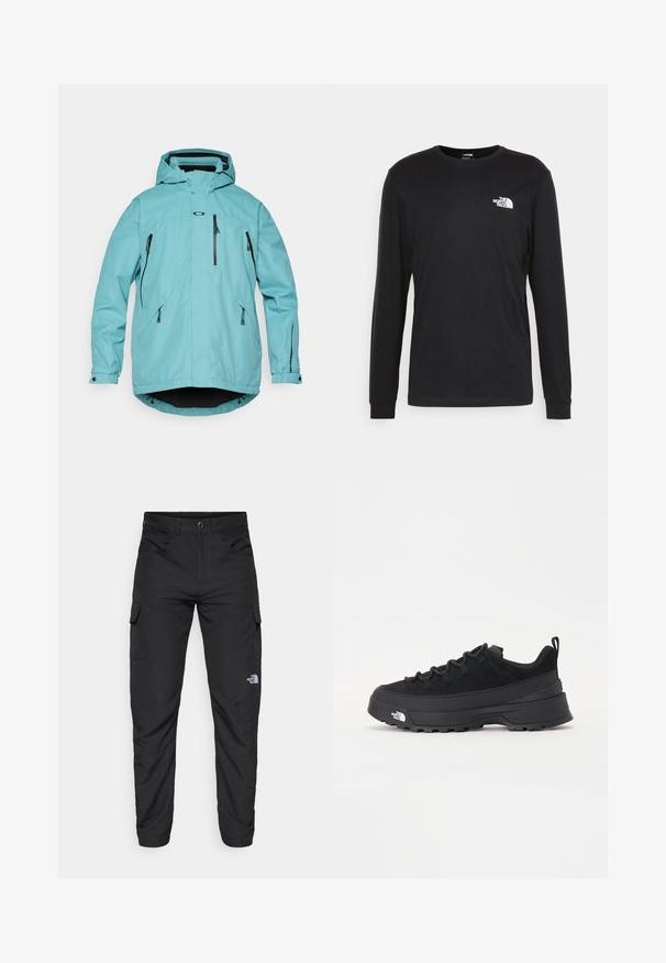 Lys blå vanntett jakke med hette, lange ermer, to frontlommer med glidelås, og svarte detaljer på glidelåser og kant. Glatt tekstur.; Svart langermet t-skjorte i bomull, med en hvit logo på venstre bryst og ribbestrikkede mansjetter. Glatt tekstur med rund hals.; The North Face HORIZON PANT - Friluftsbukser - black; Svart utendørs sneakers med overdel i semsket skinn, teksturert gummisåle og solid snøresystem. Har forsterket hæl og merkevarelogo på siden.