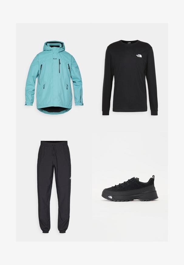 Jachetă impermeabilă de culoare albastru deschis, cu glugă, mâneci lungi, două buzunare frontale cu fermoar și accente negre la fermoare și la tiv. Textură netedă.; Tricou negru cu mânecă lungă din bumbac, având un logo alb pe partea stângă a pieptului și mansete cu țesătură fină. Textură netedă cu decolteu rotund.; Pantaloni atletici negri, confecționați dintr-un material ușor, cu un tiv elastic la talie, buzunare laterale și tivuri ajustate la gleznă.; Tenisi de exterior negri cu superior din daim, talpă din cauciuc texturat și sistem de șireturi solid. Prezintă un călcâi întărit și un logo al mărcii pe lateral.