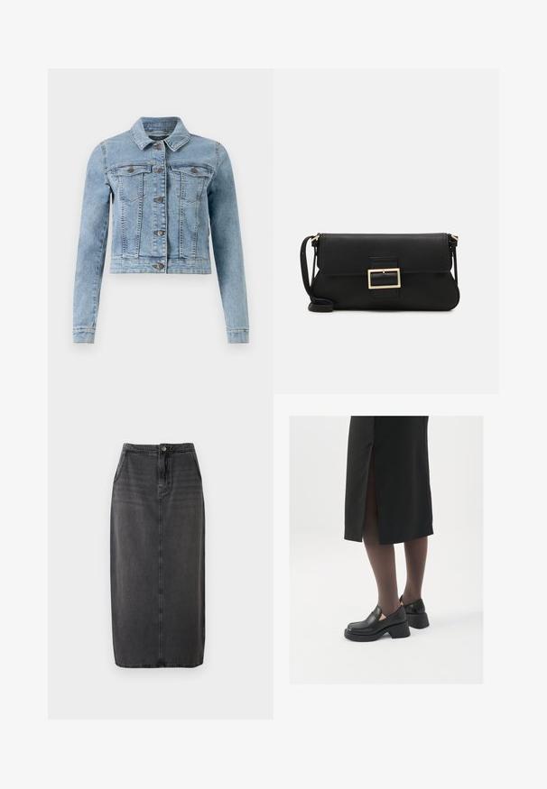 Šviesiai mėlynas džinsinis švarkas su ilgomis rankovėmis, klasikinė apykaklė, dvi krūtinės kišenės ir mygtukų užsegimas. Yra siuvinėti akcentai ir sutrumpinta forma.; ONLY ONLSARA GLITTER - Kardiganas - pumice stone/black/gold glitter; Baltas be rankovių marškinėlis, pagamintas iš išklotinės medžiagos, su apvaliu iškirpimu ir prigludusia siluetu, minimaliais siūlais ir be dekoracijų.; Juodas džinsinis midi sijonas su tiesia siluetu, priekyje mygtukų uždarymas ir šoninės kišenės. Turi lygią tekstūrą ir subtilius blukimo efektus.; Juodos odinės bateliai su apvaliu nosiu, stora blokine pakulne ir elastingais šonais, derinami su tamsiomis pėdkelnėmis ir juoda sijonu su plyšiu.; Juodas odinis dėkliukas su atvarteliu ir auksinės metalinės sagties detalėmis. Įeina juodas diržas ir elegantiškas, minimalistinis dizainas.