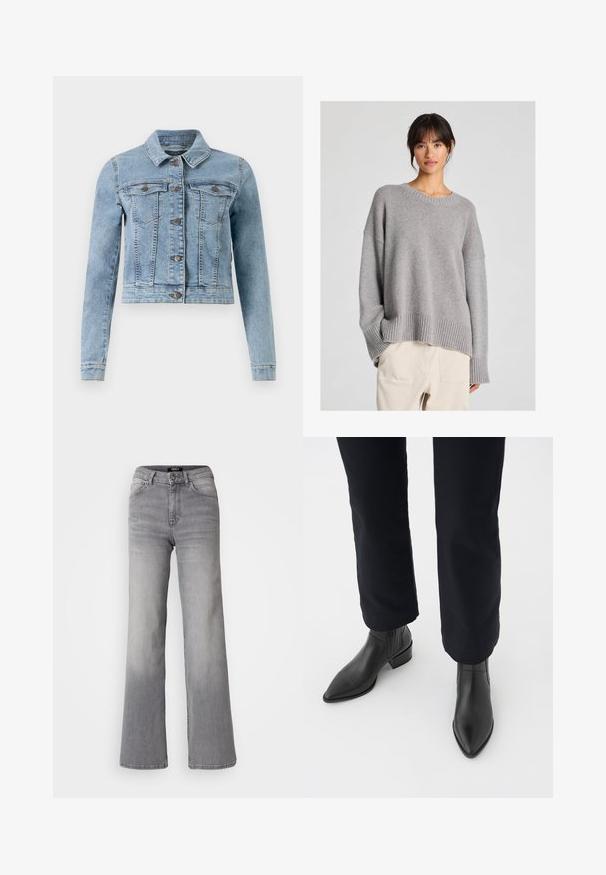 Világoskék farmerdzseki hosszú ujjakkal, klasszikus gallérral, két mellzsebbel és gombos elülső résszel. Tűzéssel díszített részletekkel és rövidített fazonnal rendelkezik.; Szürke kötött pulóver, laza fazonnal, kerek nyakkivágással, bordás mandzsettákkal és szegéllyel. Puha tapintású, diszkrét kötött mintázattal. Világos nadrággal párosítva.; Magasan derekú, egyenes szárú, szürke farmernadrág, elől gombbal és cipzárral, elülső és hátsó zsebekkel, valamint elhalványodott árnyékolással a combokon és a vádlikon.; Fekete bőr bokacsizma hegyes orral, tömbsarkúval és texturált oldalsó panelekkel, sötét nadrággal viselve, fehér háttér előtt.
