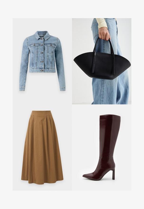 Ljusblå denimjacka med långa ärmar, klassisk krage, två bröstfickor och knapprad fram. Har stickade detaljer och en kortad design.; Vit skjorta med knappar, tillverkad av mjuk bomull, med klassisk krage, långa ärmar och en böjd fåll. Knapparna är små och vita.; Brun bomull A-linje kjol med hög midja, med veck ned längs framsidan och en mjuk textur. Sömmen är ren och enkel.; Even&Odd Stövel - dark red; Svart läderhandväska med en unik fläktform, som har platta handtag. Ytan har en pebblad textur och en minimalistisk design.