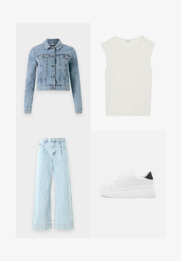 Chaqueta de denim azul claro con mangas largas, cuello clásico, dos bolsillos en el pecho y cierre de botones. Presenta detalles cosidos y un diseño corto.; Top blanco sin mangas con escote redondo. Hecho de una tela suave, presenta un corte relajado y un diseño minimalista. Sin patrones ni acentos.; Jeans de mezclilla de pernera ancha en azul claro, con una cintura alta, bolsillos frontales y detalles cosidos en el dobladillo.; Zapatillas de plataforma blancas hechas de material sintético suave, con punta redondeada, diseño de cordones y suela de goma texturizada. Acento en el talón negro.
