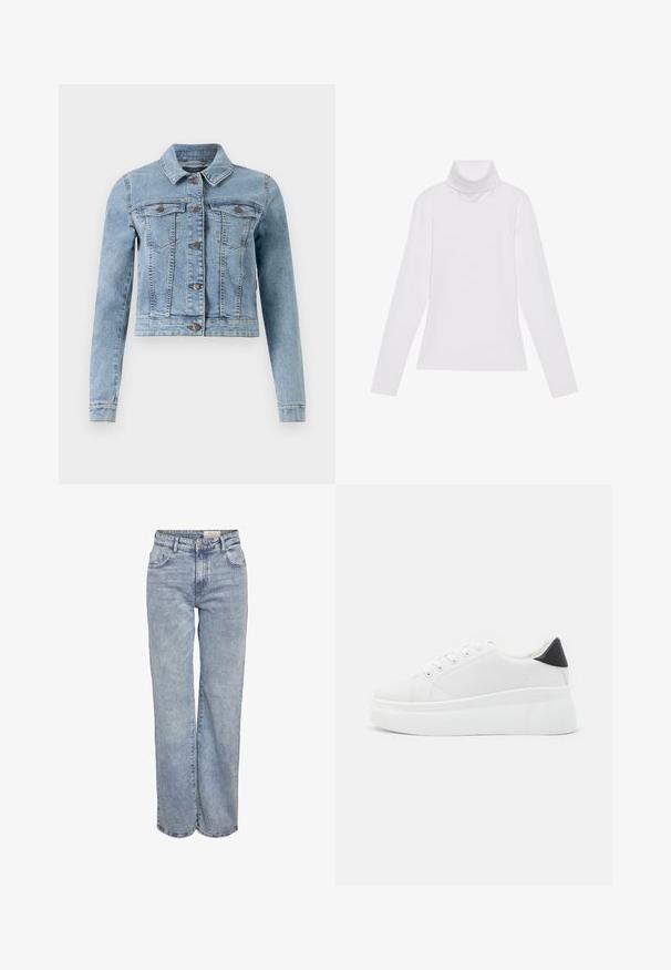 Svetlo modra traper jakna z dolgimi rokavi, klasičnim ovratnikom, dvema žepoma na prsih in zapenjanjem z gumbi. Ima šivane detajle in krojeno zasnovo.; Bela dolga majica s turtleneck ovratnikom, izdelana iz gladke, raztegljive tkanine. Ima visok ovratnik in prilega telesu, brez vidnih vzorcev ali okrasitev.; Svjetloplave široke traperice od denima, sa visokim strukom, dizajnom s pet džepova i suptilnim blijeđenjem za izgled nakon nošenja.; Bele platform tenisice izdelane iz gladkega sintetičnega materiala, z zaobljenim prstom, sistemom vezalk in teksturiranim gumijastim podplatom. Črn dodatek na peti.