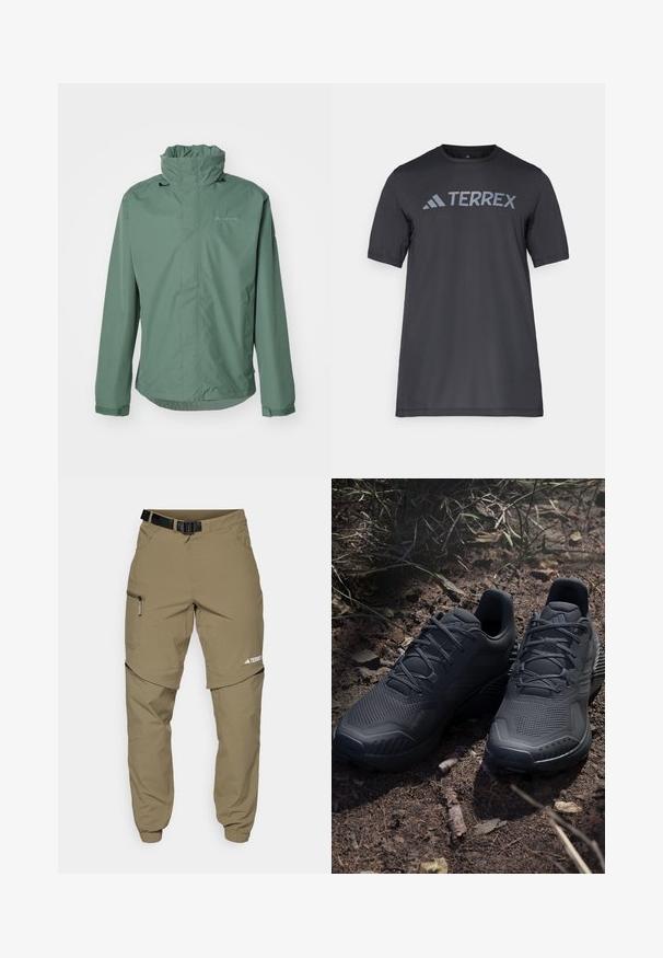 Πράσινη αδιάβροχη ζακέτα με ψηλό γιακά, ρυθμιζόμενα μανίκια και κομψό σχέδιο. Διαθέτει ένα διακριτικό λογότυπο στο πάνω αριστερό μέρος του στήθους.; Μαύρο κοντό μανίκι μπλουζάκι φτιαγμένο από ελαφρύ ύφασμα, με το λογότυπο "TERREX" σε ανοιχτό γκρι χρώμα να απλώνεται στο στήθος και στρογγυλή λαιμόκοψη.; Χακί εξωτερικές παντελόνες με ρυθμιζόμενη μαύρη ζώνη, τσεπάκια με φερμουάρ, στενές μανσέτες και αφαιρούμενα κάτω μέρη για ευέλικτο στυλ.; Μαύρα αθλητικά παπούτσια με υφή πλεκτό άνω μέρος, ενισχυμένη μύτη και αφρώδη σόλα, τοποθετημένα σε γήινο έδαφος με διασκορπισμένα κλαδάκια.