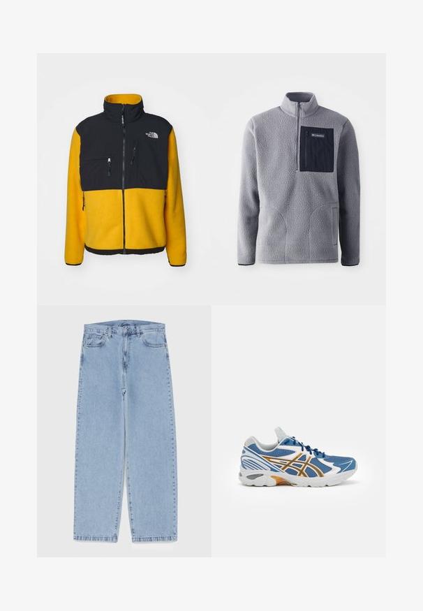 The North Face M RETRO DENALI JACKET - Fleecetakki - summit gold/black; Harmaa fleece-huppari, jossa on puolivetoketju kaulus, tummansininen rintatasku, kaksi sivutaskua ja teksturoitu kangas. Kevyt ja rento muotoilu.; Vaaleansiniset farkut suoran lahkeen muotoilulla, joissa on puolivälin vyötärö, viisi taskua sekä nappi- ja vetoketjusuljenta.; Sininen urheilukenkä, jossa verkkokangasvarsit, valkoisia ja oransseja yksityiskohtia, pehmustettu väliosa ja teksturoitu kumipohja. Varustettu narujen kanssa sidottavalla designilla.