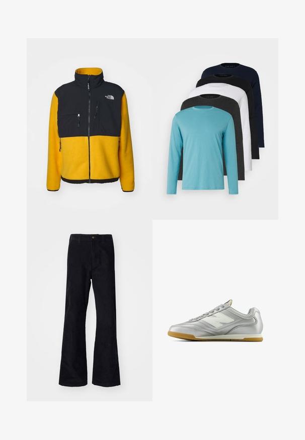 The North Face M RETRO DENALI JACKET - Fleecová bunda - summit gold/black; Pět triček s dlouhým rukávem v řadě: tyrkysová, černá, bílá, tmavě šedá a námořnická modř. Měkká látka s designem kulatého výstřihu a standardním střihem.; Černé flared kalhoty z bavlny s tradičním pasem, jediným předním knoflíkem a kapsami po stranách a na zadní straně. Hladká textura.; Stříbrná sportovní obuv s hladkým, lesklým povrchem, bílým logem na boku, texturovanými šedými tkaničkami a podešví z gumové pryže.