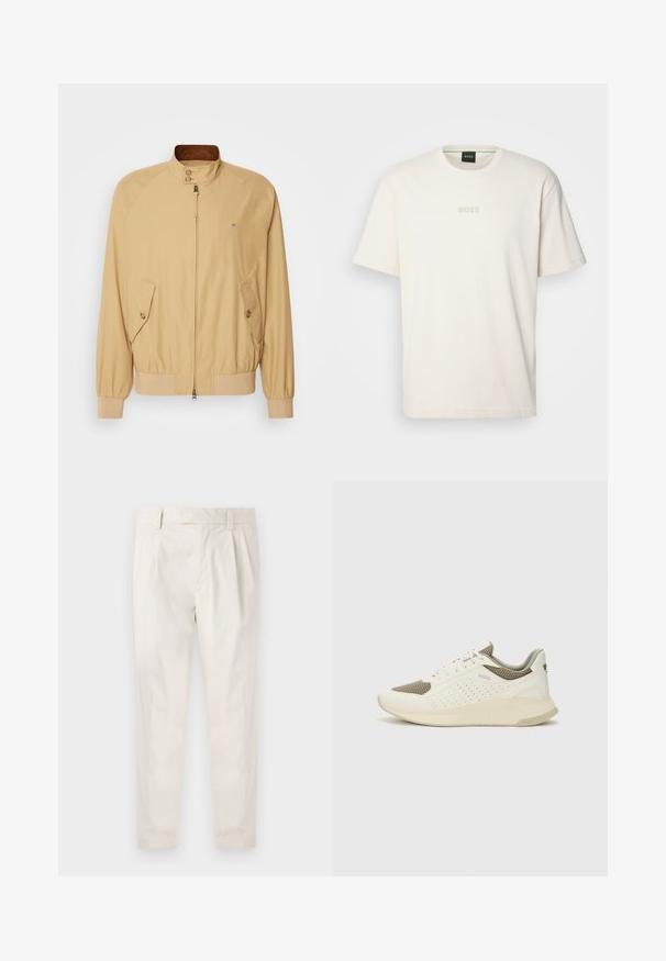 Khaki bomberka s předním zipem, stojáčkovým límcem, dvěma bočními kapsami a žebrovanými manžetami. Hladký povrch a lehký materiál.; BOSS TEE - Jednoduché tričko - open white; Bílé, plisované kalhoty s upraveným střihem, které mají hladkou texturu, poutka na opasek a zúžené nohavice. Bez viditelných kapes nebo vzorů.; Bílé a světle béžové atletické tenisky, které mají síťovaný svršek, perforované detaily a texturovanou mezipodešev s logem na patě.