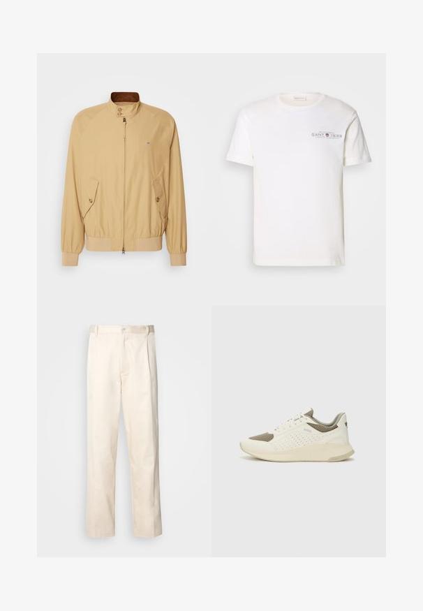 Kahviroheline pommikurv, millel on esiküljel lukuga kinnitamine, seisev kaelus, kaks küljetaskut ja soonikkätikud. Sile tekstuur ja kerge materjal.; Valge puuvillane T-särk ümmarguse kaelusega, lühikeste varrukatega ja trükitud logoga. Omab minimalistlikku disaini ja vabalt langevat stiili.; Beesidised puuvillased püksid sirge jala lõikega, mis on varustatud nööpkinnituse ja ees olevate voltidega, et lisada detaili.; Valge ja heledat beeži värvi spordijalats, millel on õhuke võrkmaterjal, perforatsioonidega detailid ning tekstuuriga vahetald, millel on brändi logo kannaosas.