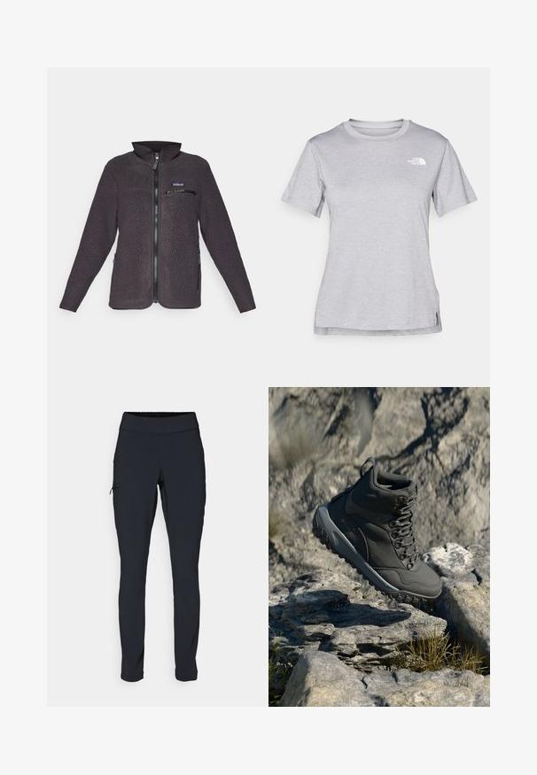 Grå fleecejakke med glidelås i front, høy krage og brystlomme. Har sidelommer og en strukturert stoffoverflate.; Grå kortermet t-skjorte laget av myk, fukttransporterende stoff. Har en rund hals og en liten hvit logo på øvre venstre side.; Svarte joggebukser med slim fit, elastisk midjebånd og en sidelomme med glidelås. Glatt, elastisk stoff med minimalt med sømmer.; Mørkegrå tursesko laget av syntetisk materiale, med polstret krage, metalløyer og teksturert gummisåle for grep.