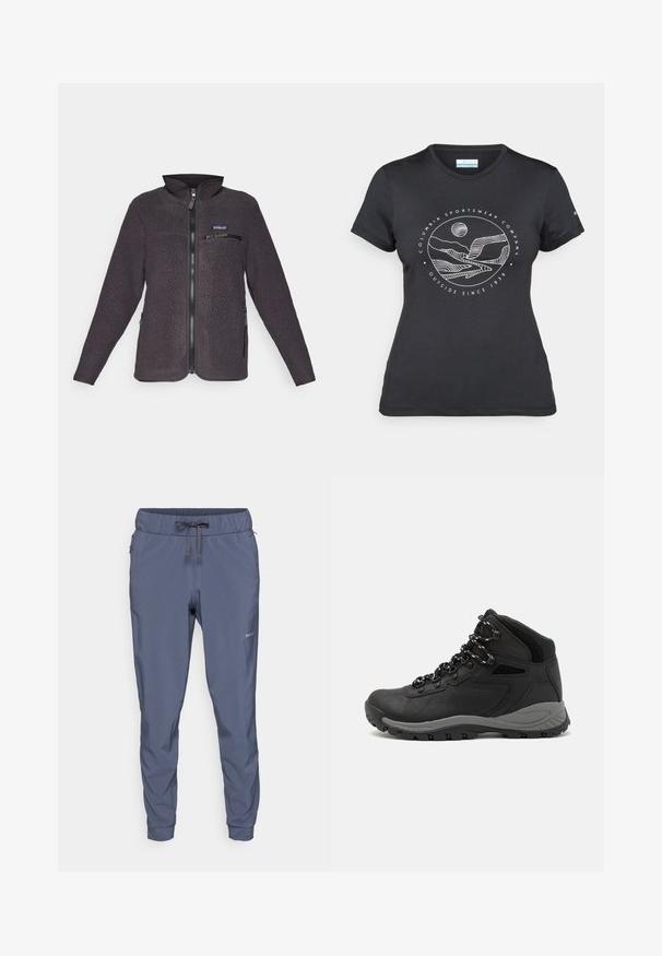 Grå fleecejakke med glidelås i front, høy krage og brystlomme. Har sidelommer og en strukturert stoffoverflate.; Svart Columbia t-skjorte med hvit sirkulær fjell- og elvlinjekunst og tekst "Columbia Sportswear Company Outside Since 1938."; Patagonia TERREBONNE JOGGERS - Friluftsbukser - smolder blue; Sorte turstøvler med mid-topp design, som har en teksturert overdel, grå detaljer og slitesterk gummisåle med godt grep.