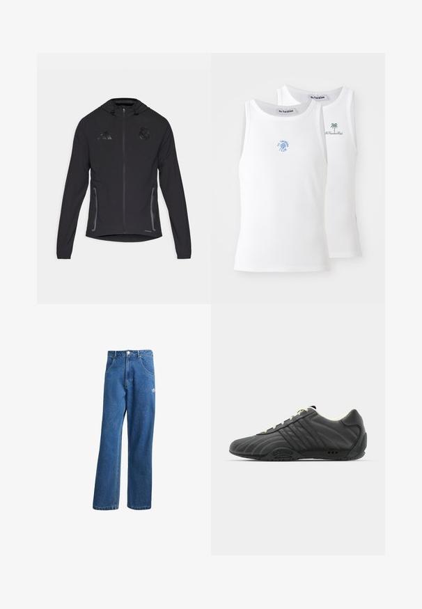 Black athletic jacket featuring a front zipper, drawstring hood, side pockets, and textured logo accents. Made from lightweight fabric.; Two white tank tops, ribbed texture, featuring blue and green embroidered logos. One has a sun design, the other a palm tree.; Blue high-waist wide-leg denim jeans with front pockets, belt loops, button closure, and small Adidas logo on the right thigh.; adidas Originals ADIRACER UNISEX - Trainers - core black/cream white