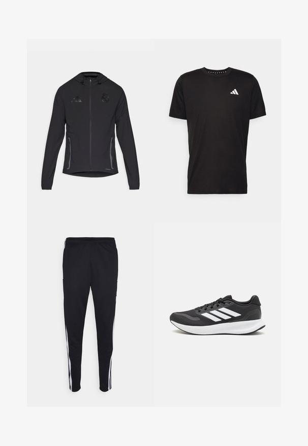 Black athletic jacket featuring a front zipper, drawstring hood, side pockets, and textured logo accents. Made from lightweight fabric.; Black cotton t-shirt with short sleeves, crew neckline, and a white logo on the left chest. Smooth texture and simple design.; Black athletic pants with a relaxed fit, featuring white side stripes, a drawstring waist, and two side pockets. Made from soft fabric.; Black athletic shoe with breathable mesh upper, white accents, and a cushioned sole. Features three stripes logo on the side.