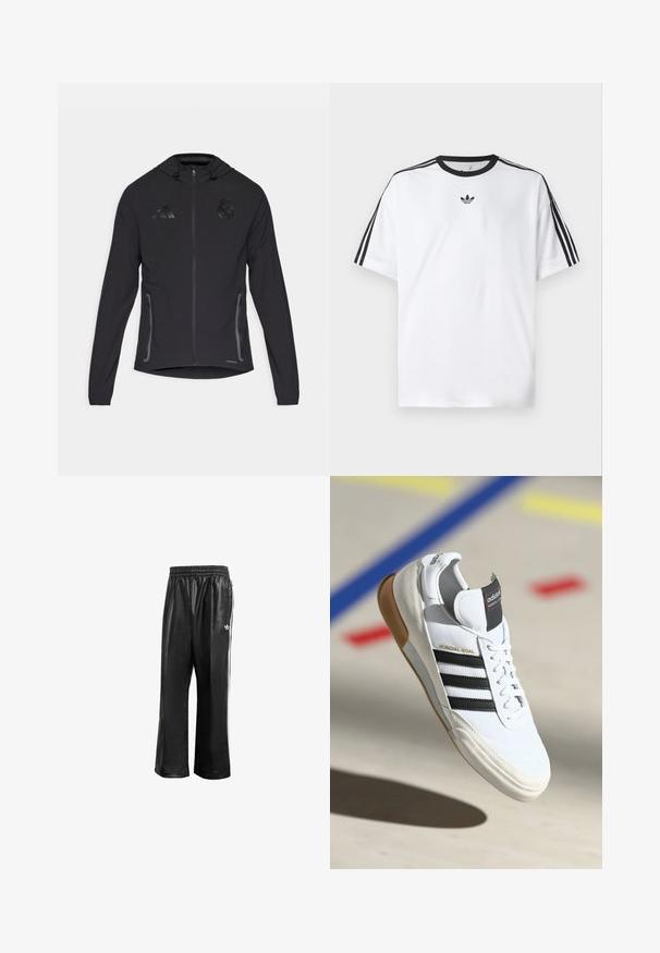 Zwarte sport Jack met een ritssluiting aan de voorkant, een trekkoord capuchon, zijzakken en getextureerde logo-accenten. Gemaakt van lichtgewicht stof.; Witte T-shirt van katoen, met een zwarte ronde halslijn en drie zwarte strepen op elke schouder. Klein zwart logo op de borst.; Zwarte synthetische trainingsbroek met een elastische tailleband, voorzien van witte zijstrepen en een klein wit logo op de linkse heup.; Witte Adidas Mundial Goal sneakers met zwarte strepen en gumzool, midden in de lucht boven een sportvloer met gekleurde lijnen.