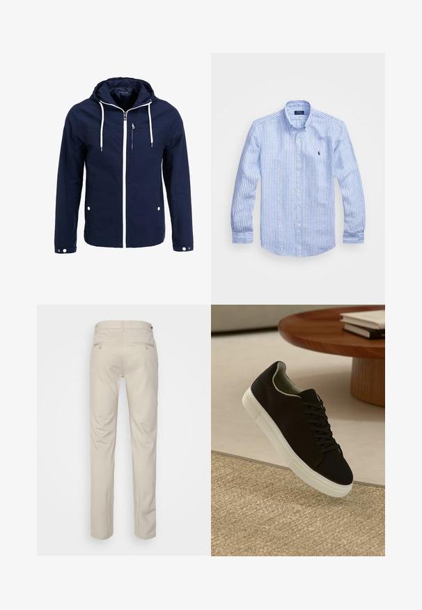 Merevees sinine veekindel jakk kapuutsiga, valgete lukudega ja nööriga. Omab ees olevat lukkataskut ja kahte külgtaskut rõngaga. Sile tekstuur.; Sinine ja valge triibuline pikkade varrukatega särk, mis on valmistatud puuvillast, ning millel on nööbitav krae, esi-nööbid ja väikese tikandiga logo rinnal.; Bež püksid siledas tekstuuris, sirge lõikega, kahe nööpidega tagataskuga ja tavalise vöökohaga.; Mustad musta tossuga valge tallaga, mis hõljub beeži tekstuuriga vaiba kohal, ümaral puidust laual, mille peal on kokku virnastatud raamatud.