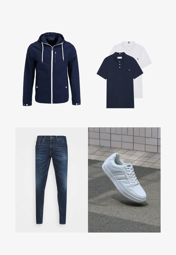Navy waterproof jacket with a hood, white zippers, and drawstrings. Features a front zippered pocket and two side snap pockets. Smooth texture.; Two polo shirts: one navy blue and one white, both with a small red, white, and blue accent on the chest pocket and collar.; Dark blue denim jeans with a slim fit, subtle fade, five pockets, and a metal button closure. Stitched accents in contrasting color.; White athletic sneaker with smooth leather upper, lace-up front, perforated toe, and patterned sole. Minimalist design with three side stripes.