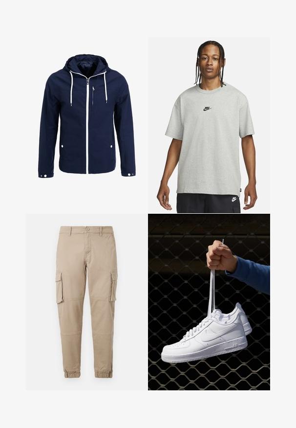 Granatowa wodoodporna kurtka z kapturem, białe zamki błyskawiczne i sznurki. Posiada przednią kieszeń na zamek oraz dwie boczne kieszenie zapinane na napy. Gładka tekstura.; Młoda osoba z warkoczami, ubrana w jasnoszary t-shirt Nike i czarne spodenki Nike, na jednolitym białym tle.; Beżowe spodnie cargo z lekkiego materiału bawełnianego. Posiadają elastyczne mankiety, wiele bocznych kieszeni oraz zapięcie na guzik.; Białe skórzane sneakersy z perforacjami, okrągłym noskiem, płaską podeszwą i grubymi sznurówkami, z widocznym logo swoosh i napisem „AIR” na pięcie.