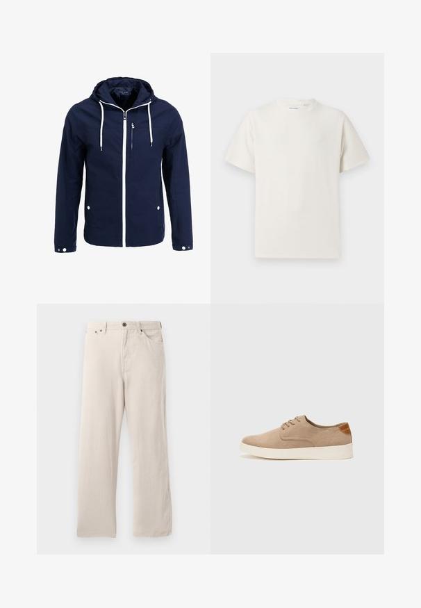 Marine vanntett jakke med hette, hvite glidelåser og snor. Har en frontlomme med glidelås og to sidelommer med trykknapper. Glatt tekstur.; Hvit T-skjorte med kort erm i ribbestrikket tekstur. Rund hals, avslappet passform, ingen synlige mønstre eller detaljer. Enkelt og allsidig design.; Beige kordfløyelsbukser med rett snitt, med ribbet tekstur, fem-lomme design og knappestolpe.; Beige semskinnsko med rund tå, snøring foran og en teksturert bakre aksent. Hvit gummisåle gir kontrast. Enkelt og moderne design.