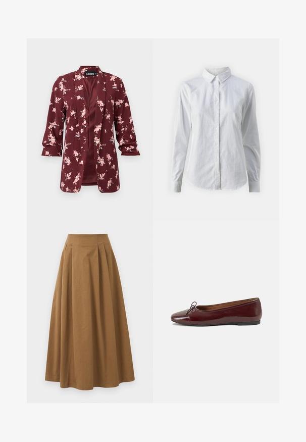 Sacou burgundy cu flori, prezentând flori roz. Fabricat dintr-un material ușor, cu o croială ajustată, rever în formă de notch și mâneci trei sferturi.; Cămașă albă cu nasturi, confecționată din bumbac neted, având un guler clasic, mâneci lungi și un tiv curbat. Nasturii sunt mici și albi.; Fustă A-line din bumbac maro, cu talie înaltă, având pliseuri pe față și o textură netedă. Marginile sunt finisate curat și simplu.; Balerini din piele patent burgund cu vârful rotund, accent de fundiță mică în față și talpă joasă din cauciuc negru. Textură netedă.