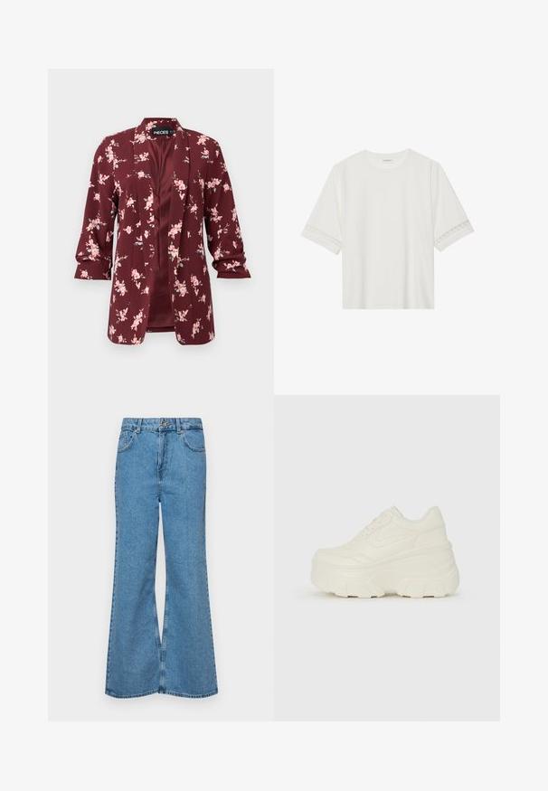 Blazer burgundy com padrão floral apresentando flores rosa. Feito de um tecido leve com um corte ajustado, lapelas recortadas e mangas até o cotovelo.; T-shirt branco de manga curta feito de algodão, com bainha de renda decorativa nas mangas e decote redondo.; Jeans de brim azuis claros, com corte à boca de sino, apresentando uma cintura alta, cinco bolsos e um fecho de botão único. Textura macia com acabamento desbotado.; Tênis brancos de plataforma com um cabedal suave semelhante a couro, formato arredondado, colarinho acolchoado e sola de borracha texturizada com ranhuras bem definidas.
