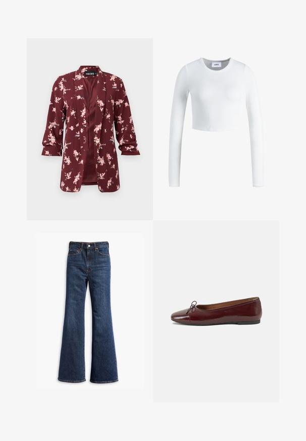 Burgundin kukallinen bleiseri, jossa on vaaleanpunaisia kukkia. Kevyestä kankaasta valmistettu, istuu hyvin, ja siinä on terehattu kaulus sekä kolmanneksen pituiset hihat.; Valkoinen pitkähihaiset crop-top ribbikankaasta. Omistaa pyöreän kaula-aukon ja istuvan muodon. Etiketti näkyy sisäpuolella kauluksessa.; Korkeavyötäröiset tummansiniset farkut, joissa on leveät lahkeet, etuvetoketju ja napin sulkeminen sekä viisi taskua.; Burgundin värinen lakattu nahkainen ballerinatossu pyöreällä varvaskärjellä, pienen nauhan yksityiskohdalla edessä ja matalalla mustalla kumipohjalla. Sujuva pinta.