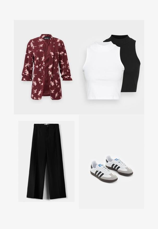 Bordo cvetni blazer s pink cvetovi. Narejen iz lahkega materiala z prilagojenim krojem, z obrezanimi lapelov in rukavi do tri četrtine.; Dva brezrokavniki z rebrasto turtleneck gorami v črni in beli barvi, z oblikovanim dizajnom in gladko teksturo, v skrajšani dolžini.; Črne široke hlače iz lahkega materiala, z zapiranjem na gumb spredaj in ravnim sprednjim delom, s skrbno zašiti robovi.; Športni čevlji z belim usnjenim zgornjim delom, sivim semišem na prstih in tremi črnimi črtami. Imajo modro logo na jeziku in teksturiran gumijast podplat.