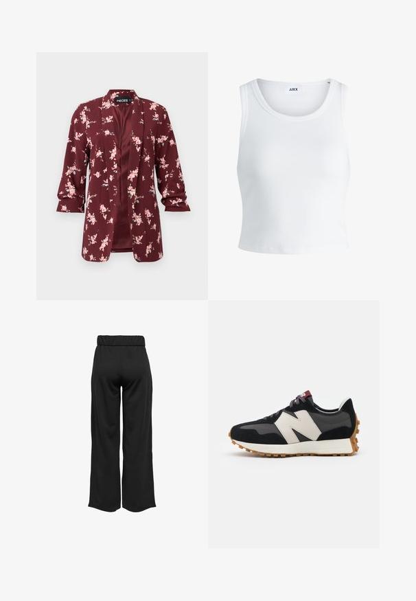 Burgundin kukallinen bleiseri, jossa on vaaleanpunaisia kukkia. Kevyestä kankaasta valmistettu, istuu hyvin, ja siinä on terehattu kaulus sekä kolmanneksen pituiset hihat.; Valkoinen ribbattu hihaton toppi, jossa on pyöreä pääntie ja lyhyt malli. Tunnuslukuna lukee "JJXX". Sujuva kangas.; Mustat, leveälahkeiset housut, joissa on joustava vyötärö, valmistettu sileästä kankaasta. Ominaisuuksia ovat puhdas muotoilu ilman taskuja tai näkyviä ompelusaumoja.; Mustat ja harmaat mokkakenkä, jossa on suuri kermanvärinen "N"-logo, violetit nauhat ja teksturoitu kumipohja.