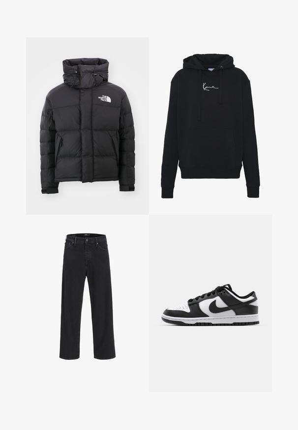 Black puffer jacket with a high collar, zippered front, and an embroidered logo on the upper left side. Features quilted sections and elastic cuffs.; Black hoodie made of soft fabric, featuring a front pocket, drawstrings, and white logo embroidery on the chest. Classic fit and ribbed cuffs.; Black straight-leg denim jeans with button and zipper closure, belt loops, and front and back pockets.; Black and white Nike Dunk sneakers featuring a leather upper, perforated toe, black laces, and a black rubber sole with tread design.