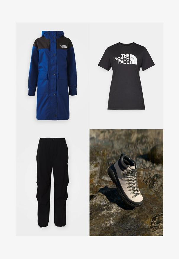 Modrá dlhá bunda s čiernymi ramenami, gombíkovým zapínaním, dvoma prednými vreckami, nastaviteľnou kapucňou a logom "DRYVENT" na rukáve.; Čierne bavlnené tričko s veľkým bielym logom "THE NORTH FACE" a zakriveným akcentom. Krátke rukávy a okrúhly výstrih, hladká textúra.; Čierne vonkajšie nohavice vyrobené z odolného materiálu, s voľným strihom, elastickým pásom a sťahovacími manžetami pre nastaviteľnú dĺžku.; Svetlo béžová turistická obuv s čiernou gumovou podrážkou, flexibilným zvrškom, kovovými očkami a šedými šnúrkami, umiestnená na skalnatom povrchu.