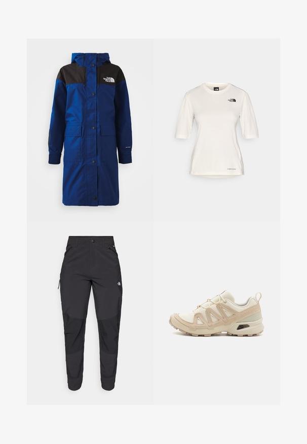 Zils garš mētelis ar melniem plecu akcentiem, pogu aizdare, divas priekšējās kabatas, regulējama kapuce un "DRYVENT" logo uz piedurknes.; The North Face SHADOW SHORT SLEEVE  - Sporta krekli - white dune; Melnas āra bikses, kas izgatavotas no izturīgas auduma. Tām ir kabatas ar rāvējslēdzējiem, pastiprināti ceļu paneļi un taisna griezuma dizains, kas nodrošina kustību brīvību.; Beige un krēma sporta apavi ar strukturētu tīkla virsmu, atbalstošajiem slāņiem un gumijas zoli ar protektoru rakstu, kas nodrošina saķeri.