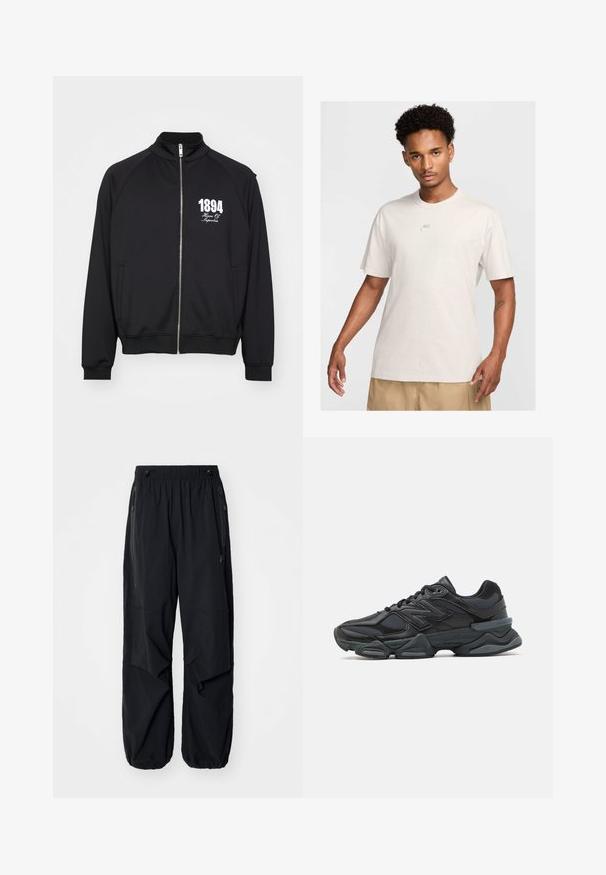 Black track jacket with a high collar, full zipper, and white printed text "1894 House Of Superbia." Smooth fabric with ribbed cuffs.; Man with short curly hair wears beige Nike t-shirt and khaki shorts, facing forward against plain light background.; Black lightweight cargo pants with an elastic waistband, side zippers, and spacious pockets. Features a loose fit and tapered cuffs.; Black running shoe featuring a mix of mesh and synthetic materials, chunky sole, curved design, and prominent branding on the side.