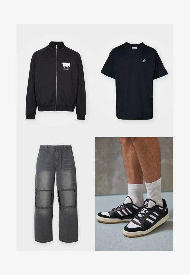 Schwarze Trainingsjacke mit hohem Kragen, durchgehendem Reißverschluss und weißem Aufdruck "1894 House Of Superbia." Weicher Stoff mit gerippten Bündchen.; Schwarzes Baumwoll-T-Shirt mit Rundhalsausschnitt und kurzen Ärmeln, das ein kleines weißes Adidas-Logo auf der linken Brustseite trägt.; Graue Denim-Hosen mit relaxter Passform, die ausgefranste Knie-Patches, kontrastierende Nähte und ein kleines Logo an der Seite aufweisen.; Schwarz-weiße Sneaker mit einem Obermaterial aus Wildleder und Leder, ausgestattet mit drei weißen Streifen, einer perforierten Zehenpartie und einer Sohle aus Gummi.