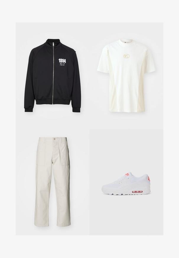 Svart treningsjakke med høy krage, hel glidelås og hvit trykt tekst "1894 House Of Superbia." Glatt stoff med ribbede mansjetter.; Kortermet t-skjorte med rund hals i hvit og lys beige. Har en liten gull Nike-logo på brystet og en glatt bomullsstruktur.; Lyse beige vide bukser laget av bomull. Har frontlommer og knappelukking. Jevn tekstur med subtile vertikale linjer.; Hvite atletiske joggesko med glatt overdel, snøring, polstret såle og synlig luftenhet med røde detaljer på merket.