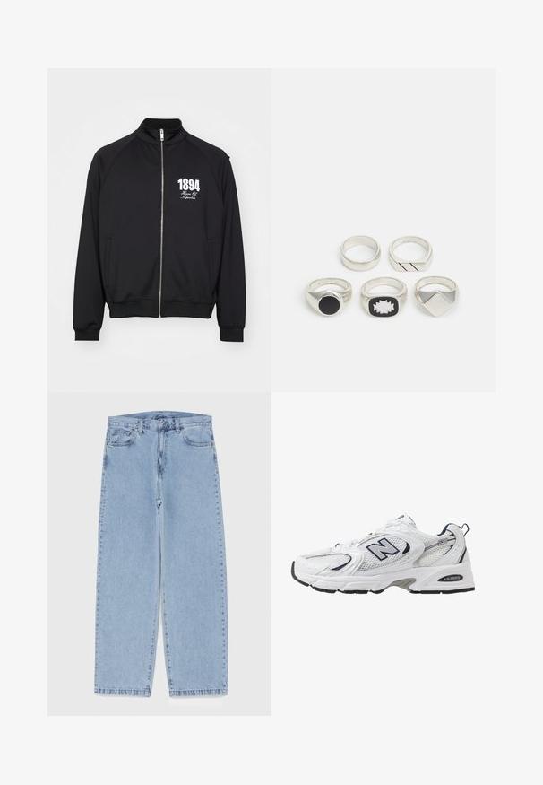 Svart treningsjakke med høy krage, hel glidelås og hvit trykt tekst "1894 House Of Superbia." Glatt stoff med ribbede mansjetter.; Hvit langermet T-skjorte laget av bomull. Rund hals-design med ribbestrikkede mansjetter og en liten logo på venstre erme. Glatt tekstur.; Lyseblå denimjeans med rett ben-design, med mid-rise liv, fem lommer og knap og lynlås lukning.; Hvit sportsko med mesh-overdel, marineblå accenter og polstret såle. Har "N"-logo, lisser og teksturert detalj på siden.; Fem sølvringer: en med et svart sirkulært detalj, en med et hvitt og svart geometrisk mønster, og de andre med forskjellige former og overflater.