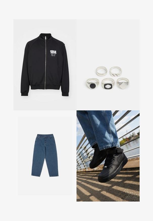 Black track jacket with a high collar, full zipper, and white printed text "1894 House Of Superbia." Smooth fabric with ribbed cuffs.; White long-sleeved T-shirt made of cotton. Crew neck design with ribbed cuffs and a small logo on the left sleeve. Smooth texture.; Blue denim jeans with a relaxed fit, high waist, five-pocket design, and stitching accents. Features a button and zipper closure.; Black Nike Air Force 1 sneakers with leather upper, mesh tongue, and rubber sole, featuring a high-top design and thick laces.; Five silver rings: one with a black circular detail, one with a white and black geometric pattern, and others with various shapes and finishes.